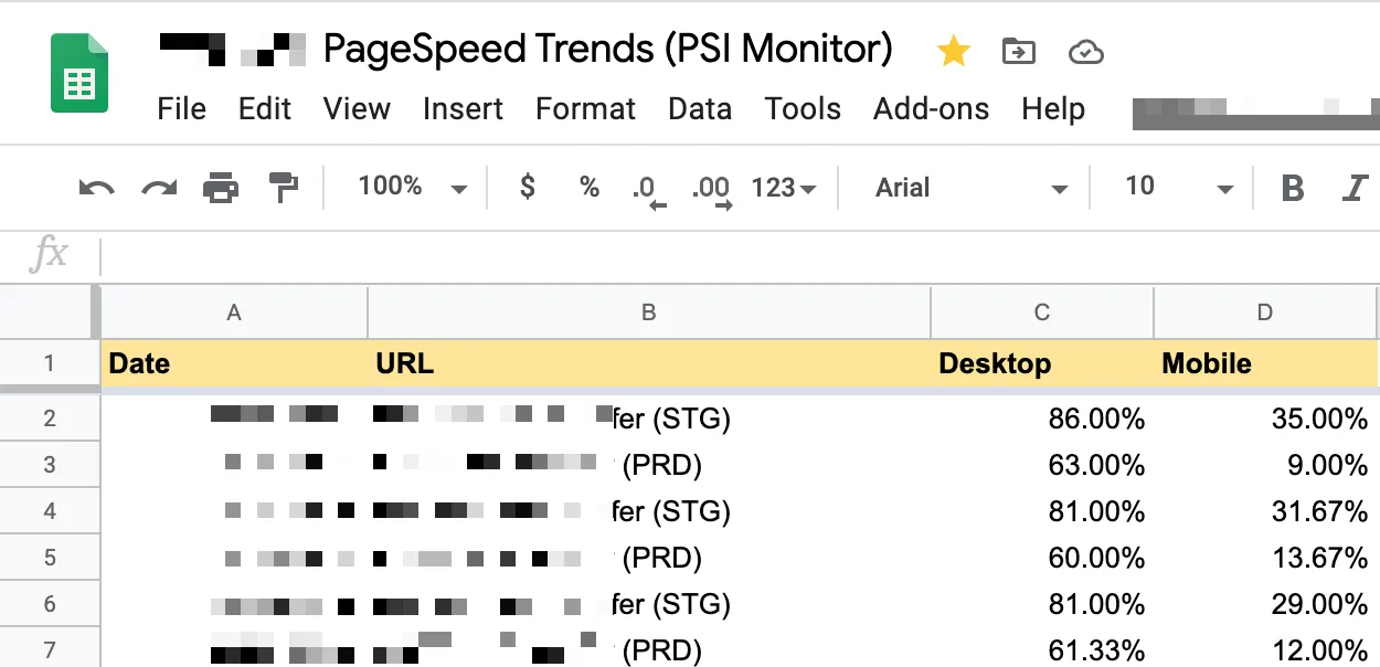 Monitor PageSpeed (v5) with Google Sheets